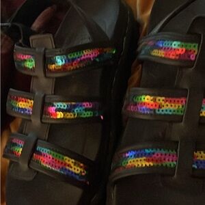 Black Dr. Marten Sandals with Rainbow Sequin Straps